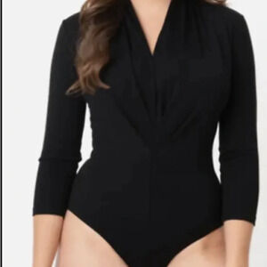 EUC Unique Vintage Black Gathered Neckline Friday Night Bodysuit Sz M